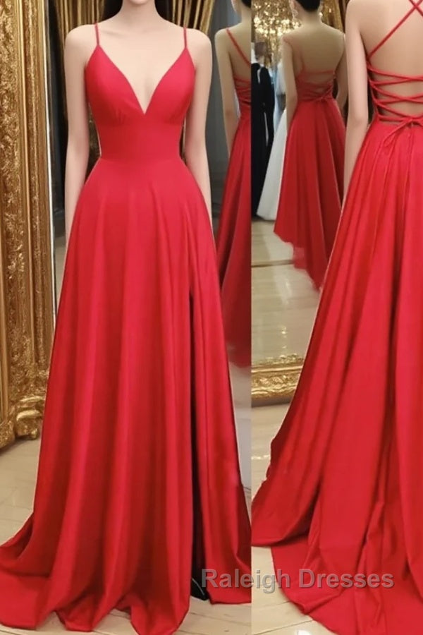 A Line V Neck Red Backless Long Prom Dresses, Red A Line V Neck Open Back Formal Evening Dresses Main image