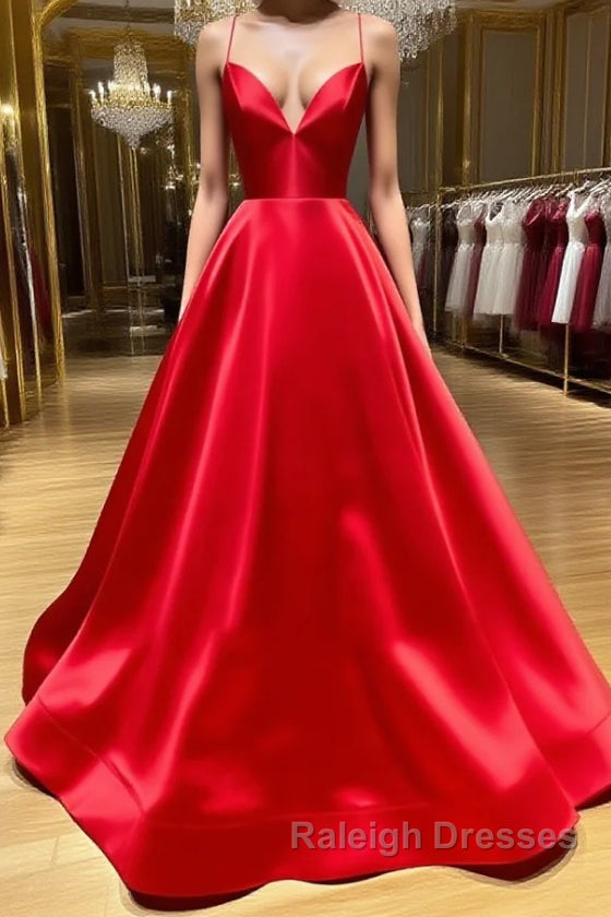 A Line V Neck Red Backless Prom Dresses, Red Backless Long Formal Evening Graduation Dresses Main image