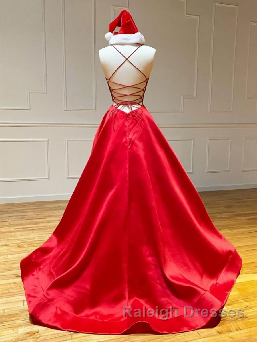 A Line V Neck Red Backless Prom Dress Red Backless Long Prom Graduation Dress