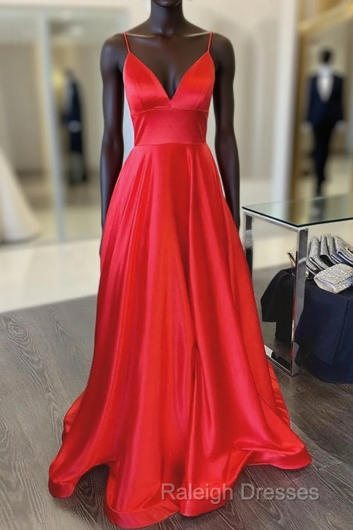 A Line V Neck Red Long Prom Dresses, Red V Neck Long Formal Evening Bridesmaid Dresses Main image