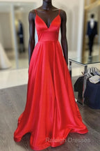 A Line V Neck Red Long Prom Dresses, Red V Neck Long Formal Evening Bridesmaid Dresses