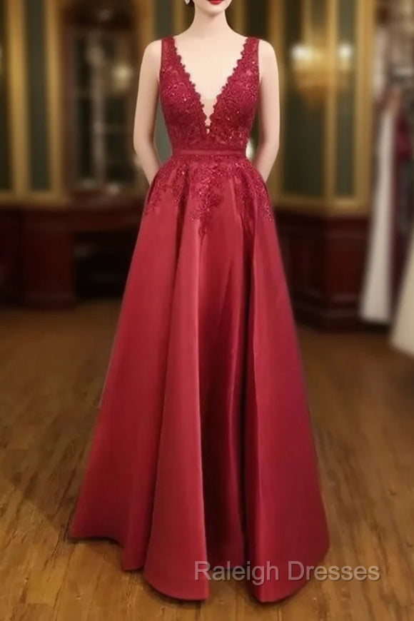 A-line V Neck Regular Straps Long/Floor-Length Satin Prom Dress With Appliqued Beading Main image