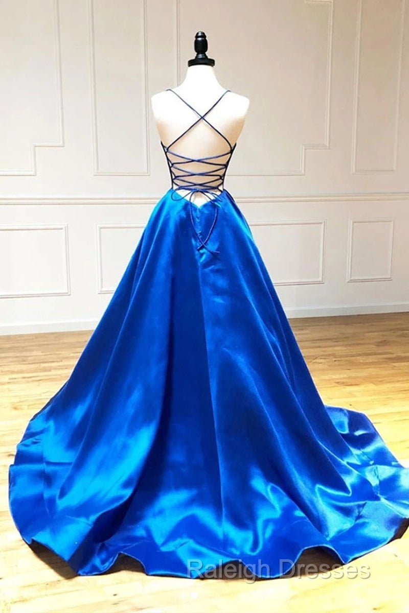 Royal Blue Ruffles V-Neck Open Back Long Prom Dress main image 1