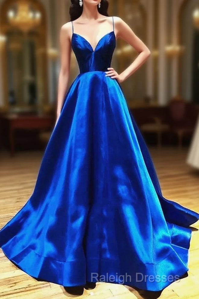 A Line V Neck Royal Blue Backless Prom Dresses, Open Back Royal Blue Formal Evening Graduation Dresses
