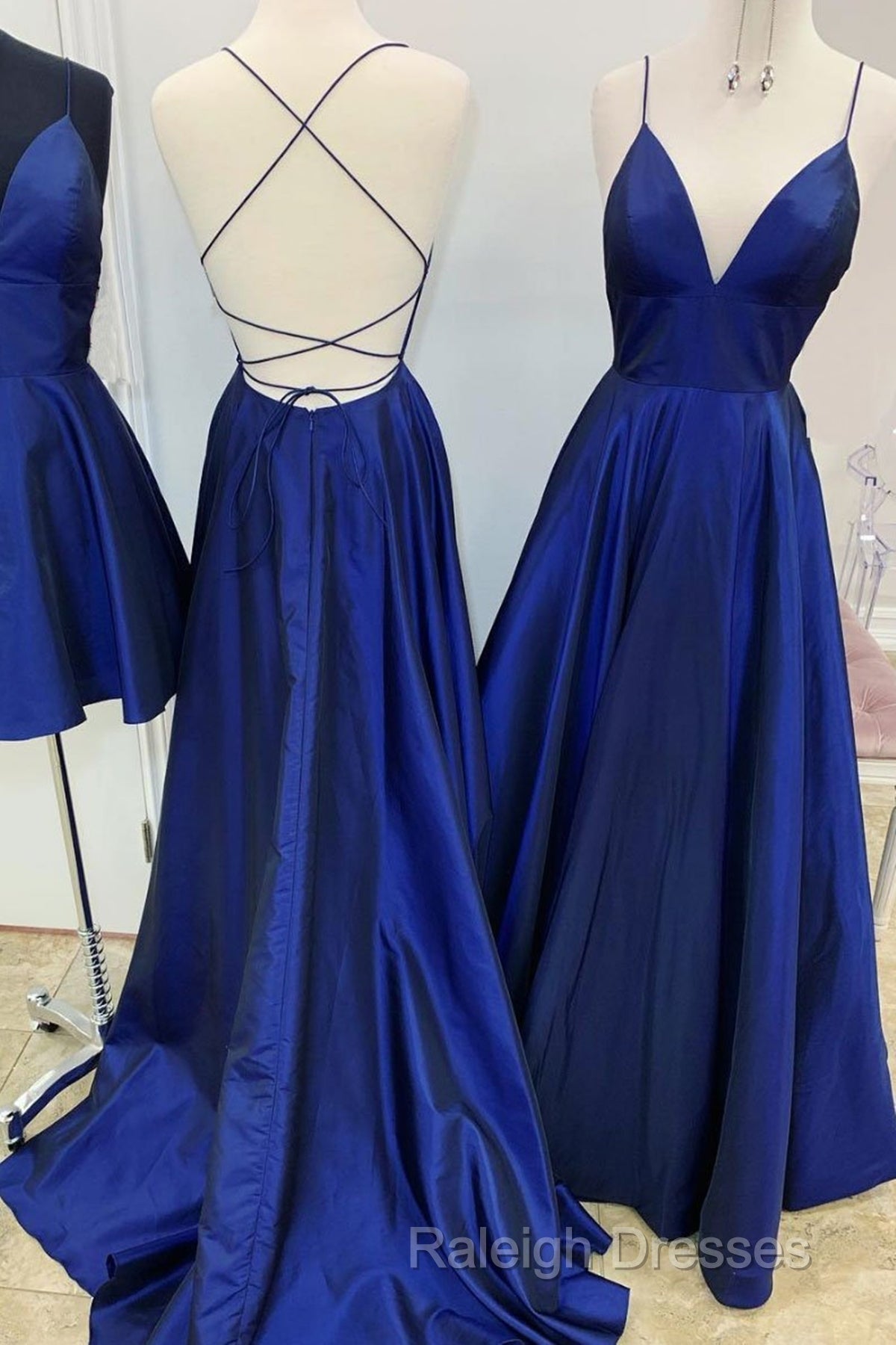 A Line V Neck Royal Blue Backless Prom Dresses, Royal Blue Backless Formal Evening Bridesmaid Dresses Secondary image