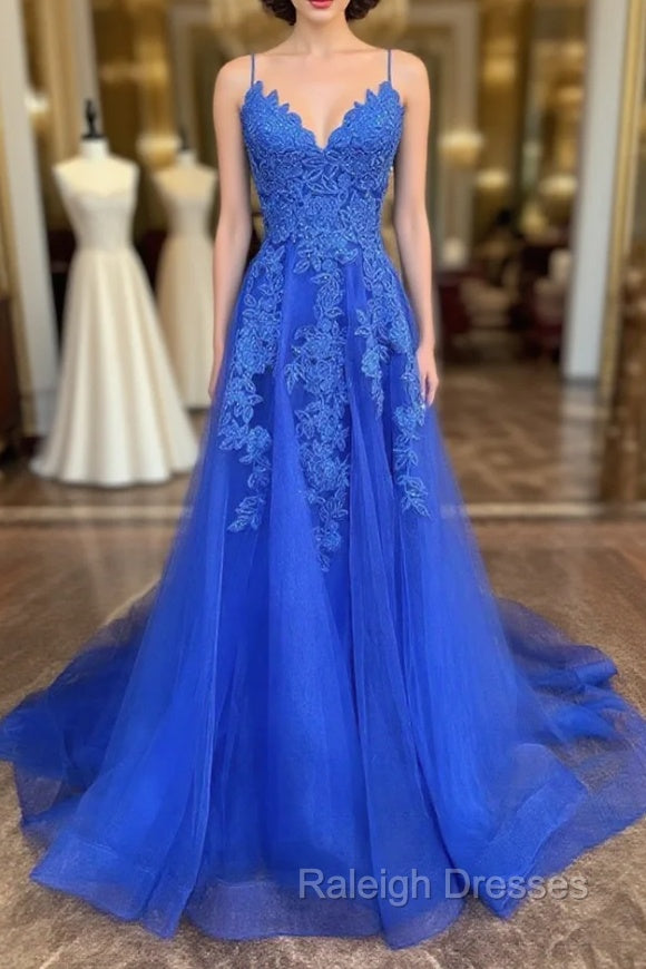 A Line V Neck Royal Blue Lace Prom Dresses, Royal Blue Lace Formal Evening Dresses Main image