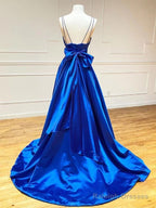 A-Line V-Neck Royal Blue Prom Dress Evening Dress With Bowknot,