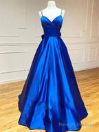 A-Line V-Neck Royal Blue Prom Dress Evening Dress With Bowknot,