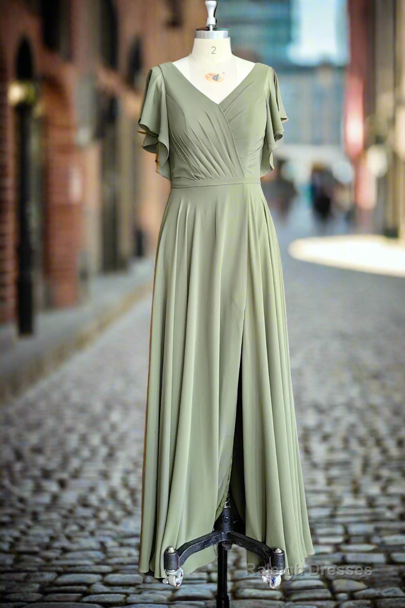 A Line V Neck Ruffle Sleeves Pleats Chiffon Bridesmaid Dress with Ruffles
