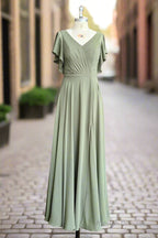 A Line V Neck Ruffle Sleeves Pleats Chiffon Bridesmaid Dress with Ruffles