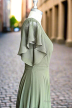 A Line V Neck Ruffle Sleeves Pleats Chiffon Bridesmaid Dress with Ruffles