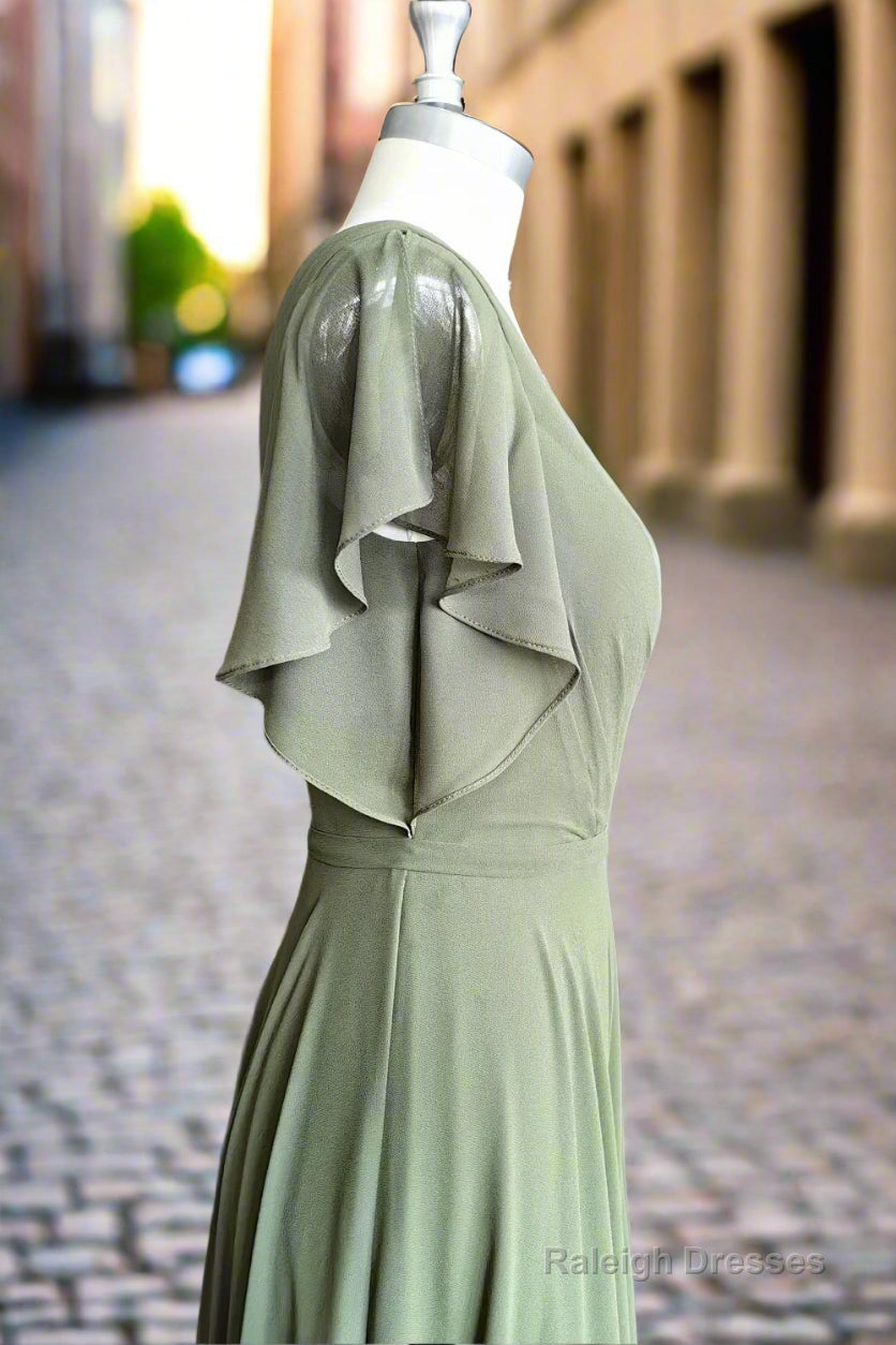 A Line V Neck Ruffle Sleeves Pleats Chiffon Bridesmaid Dress with Ruffles
