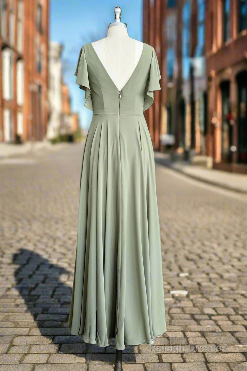 A Line V Neck Ruffle Sleeves Pleats Chiffon Bridesmaid Dress with Ruffles