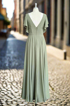 A Line V Neck Ruffle Sleeves Pleats Chiffon Bridesmaid Dress with Ruffles