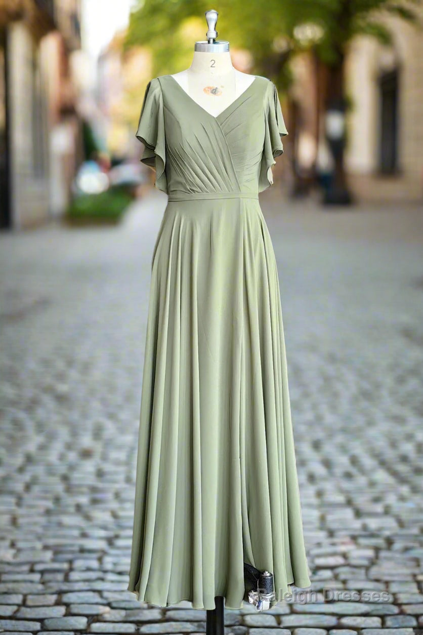 A Line V Neck Ruffle Sleeves Pleats Chiffon Bridesmaid Dress with Ruffles Main image