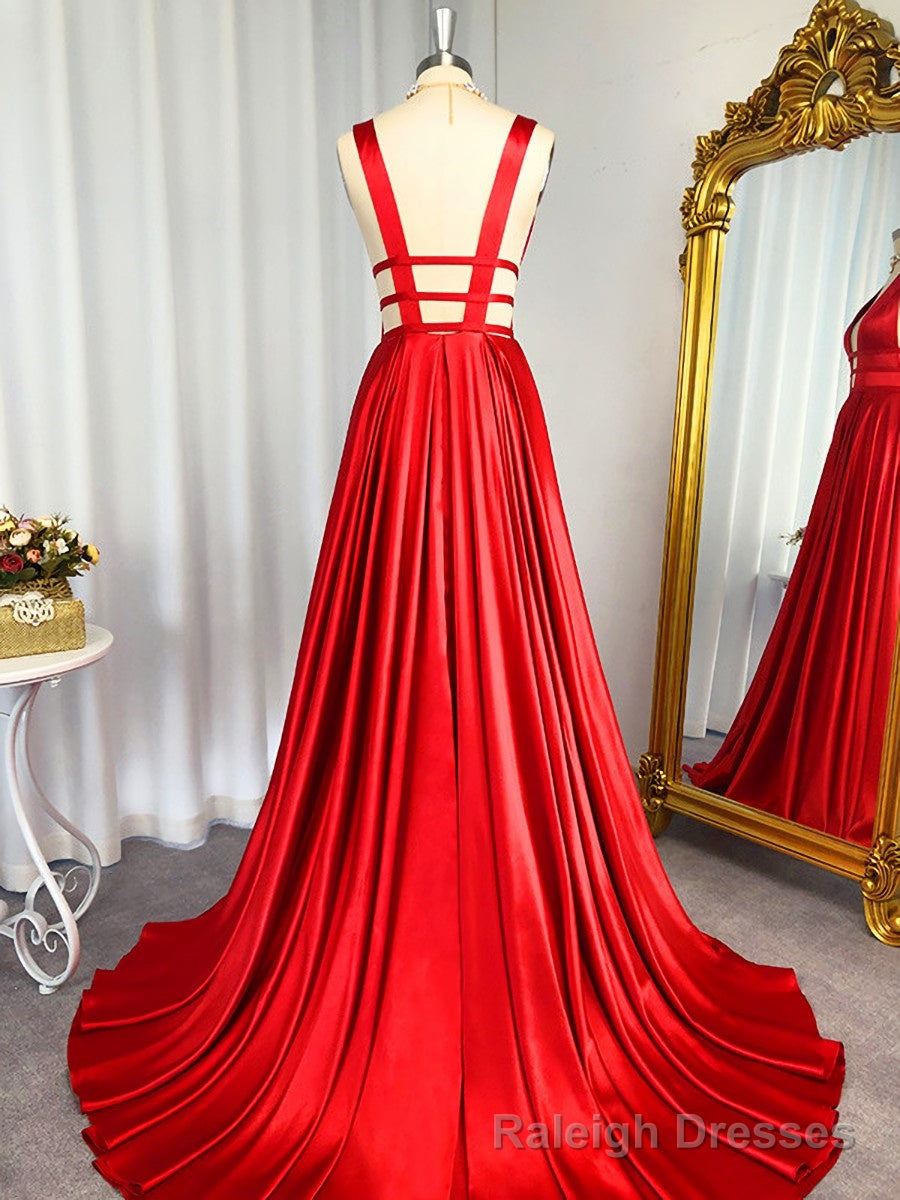 A-line V-neck Ruffles Sweep Train Elastic Woven Satin Dress Secondary image