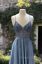 A-Line V Neck Satin Beaded Gown