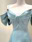 A-Line V Neck Satin Blue Long Prom Dress, Blue Formal Evening Dresses