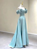 A Line V Neck Satin Blue Long Prom Dress, Blue Formal Prom Dresses