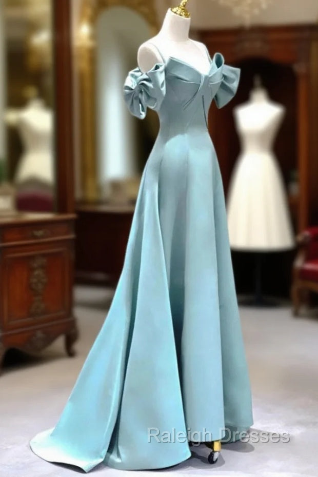 A Line V Neck Satin Blue Long Prom Dress, Blue Formal Prom Dresses