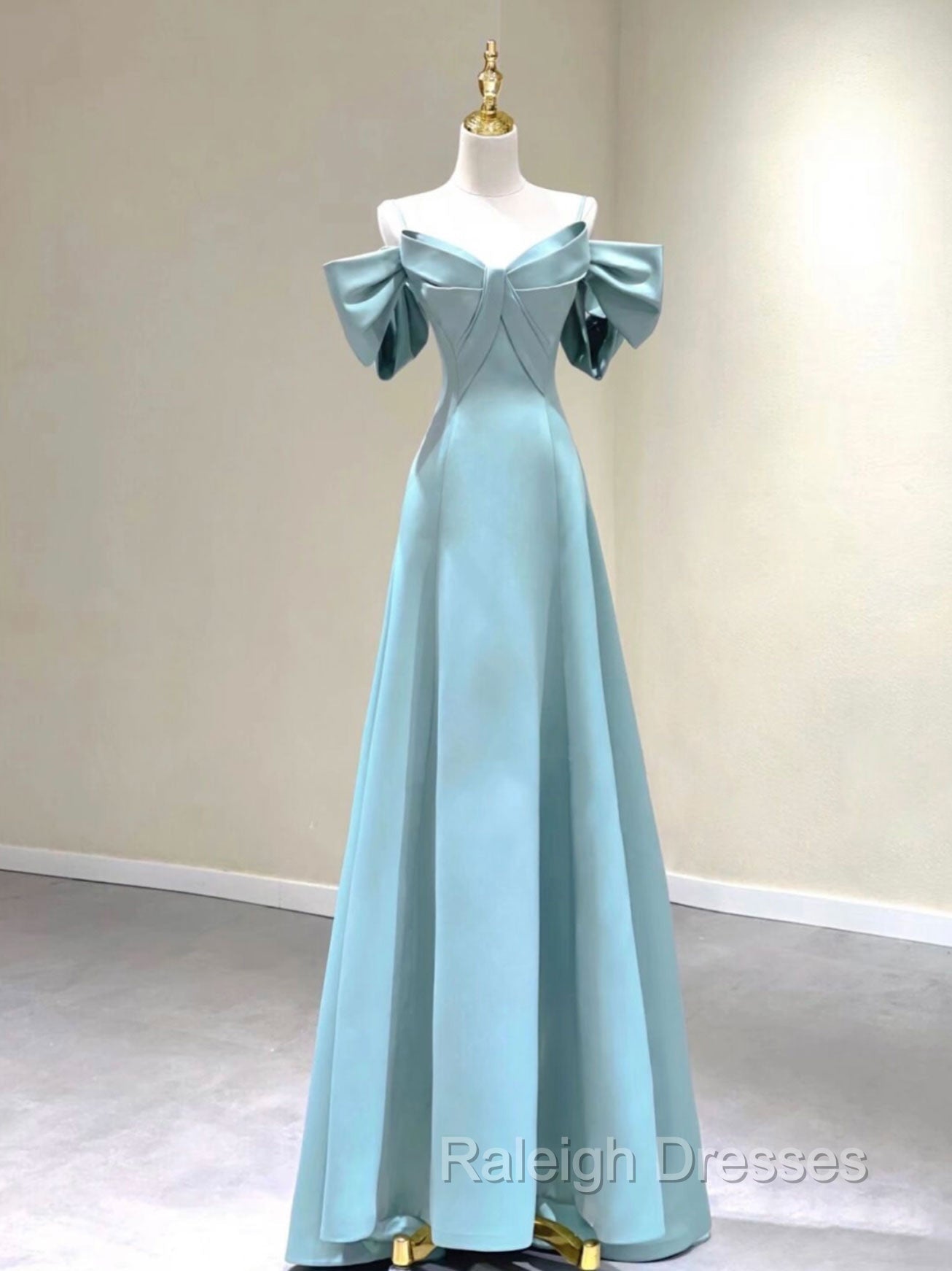 A-Line V Neck Satin Blue Long Prom Dress, Blue Formal Evening Dresses Main image