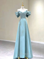 A Line V Neck Satin Blue Long Prom Dress, Blue Formal Prom Dresses