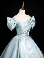 A-Line V Neck Satin Blue Long Prom Dresses Blue Long Prom Dresses