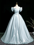 A-Line V Neck Satin Blue Long Prom Dresses Blue Long Prom Dresses