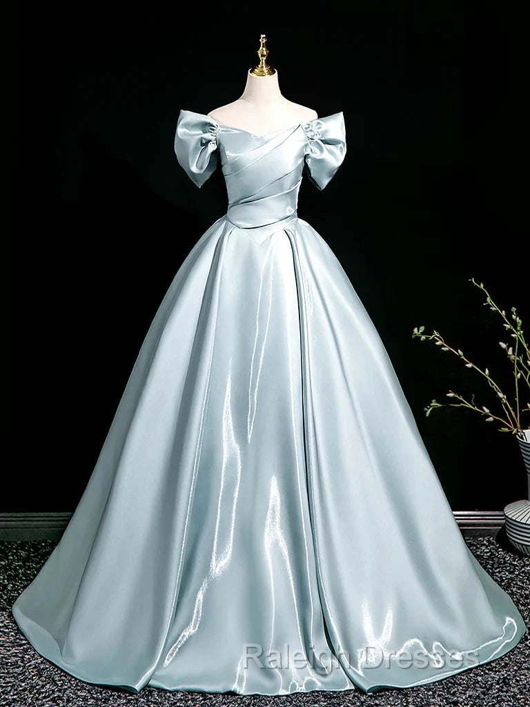 A-Line V Neck Satin Blue Long Prom Dresses Blue Long Prom Dresses
