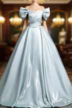 A-Line V Neck Satin Blue Long Prom Dresses Blue Long Prom Dresses