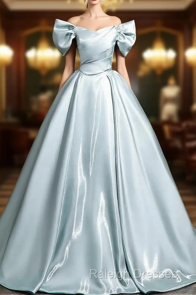 A-Line V Neck Satin Blue Long Prom Dresses Blue Long Prom Dresses