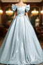 A-Line V Neck Satin Blue Long Prom Dresses Blue Long Prom Dresses