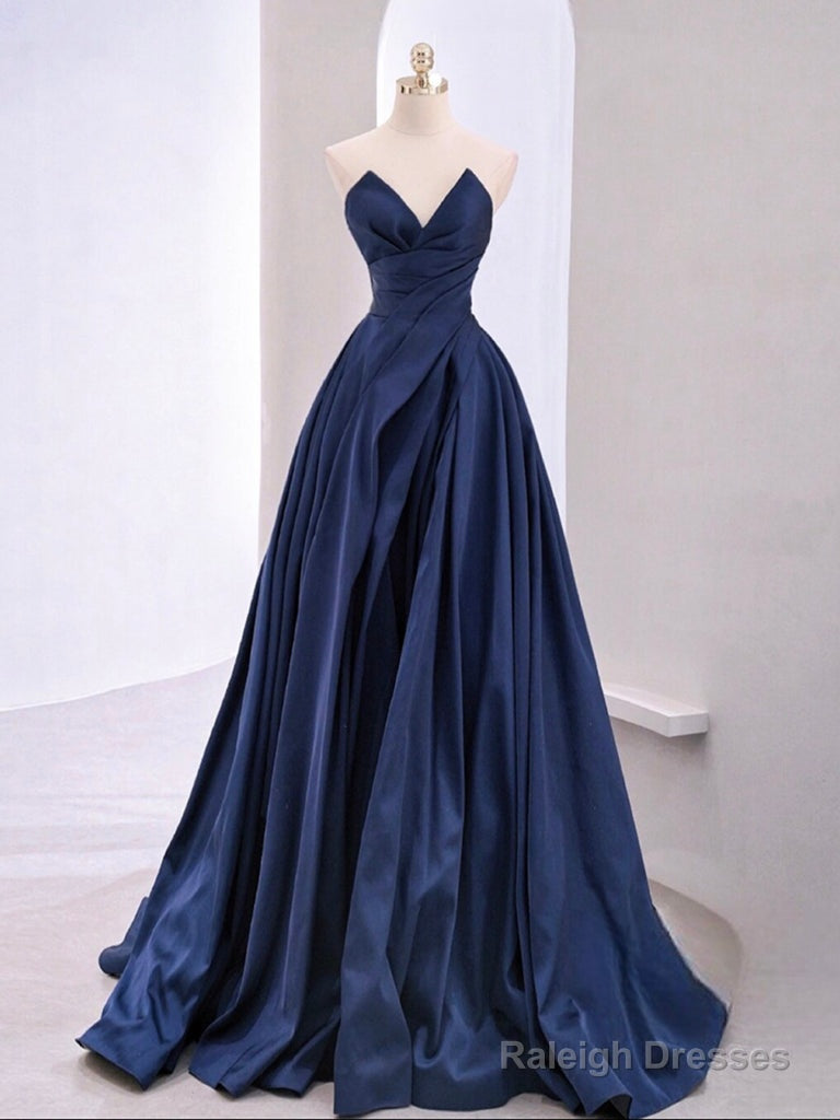 A-Line V Neck Satin Dark Blue Long Prom Dress, Blue Long Formal Dress Main image