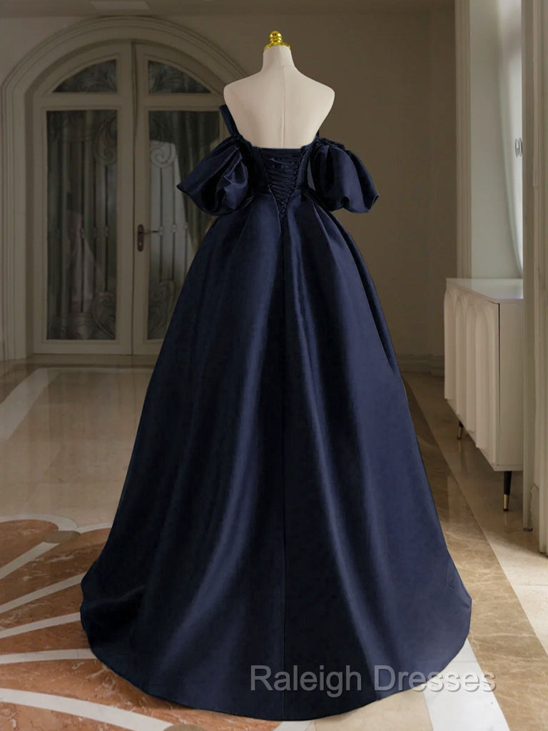 A-Line V Neck Satin Dark Blue Long Prom Dress, Dark Blue Long Formal Dress