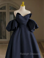 A-Line V Neck Satin Dark Blue Long Prom Dress, Dark Blue Long Formal Dress