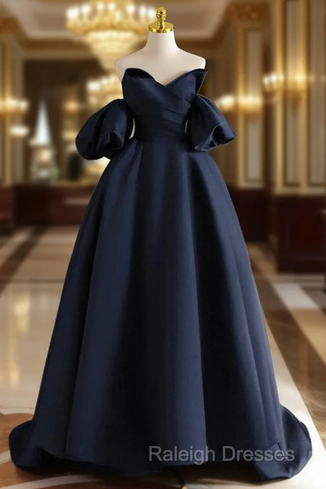 A-Line V Neck Satin Dark Blue Long Prom Dress, Dark Blue Long Formal Dress