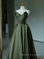 A-Line V Neck Satin Green Long Prom Dress, Green Long Formal Dress