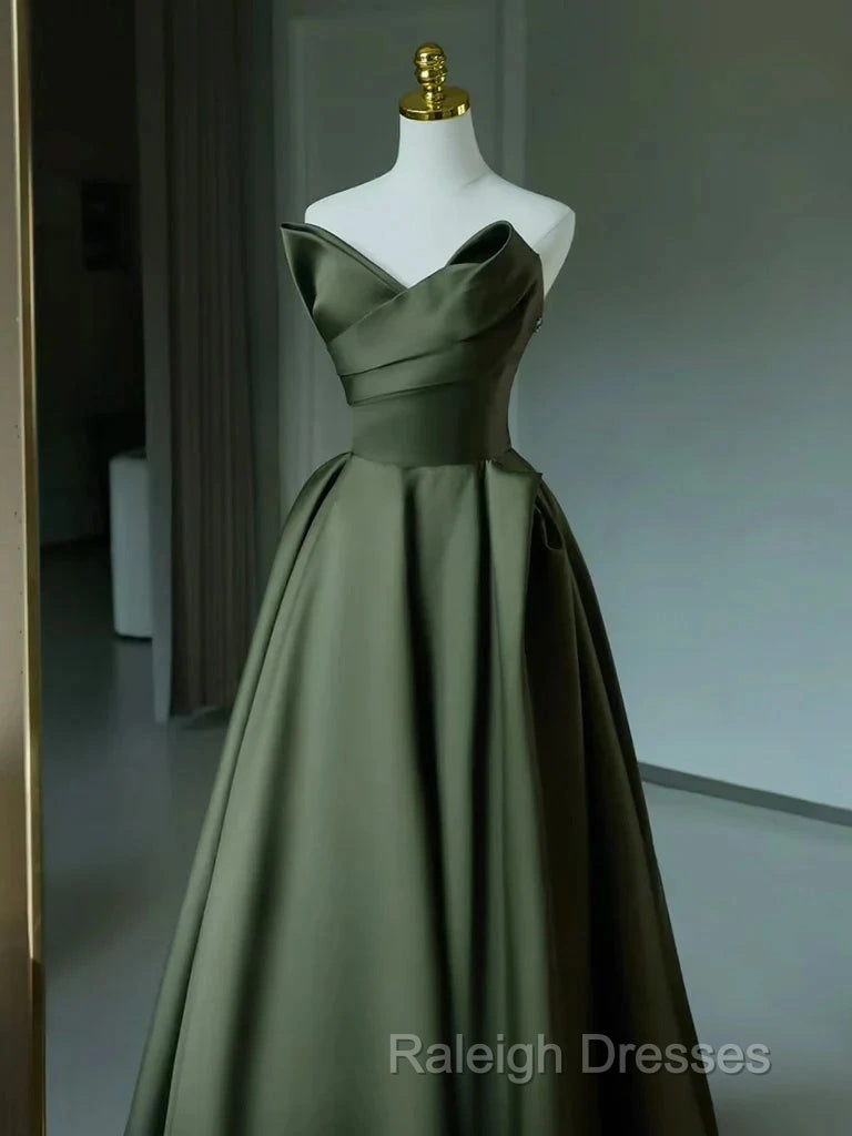 A-Line V Neck Satin Green Long Prom Dress, Green Long Formal Dress
