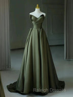 A-Line V Neck Satin Green Long Prom Dress, Green Long Formal Dress
