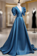 A-Line V Neck Satin Long Prom Dresses, Blue Satin Long Evening Dress