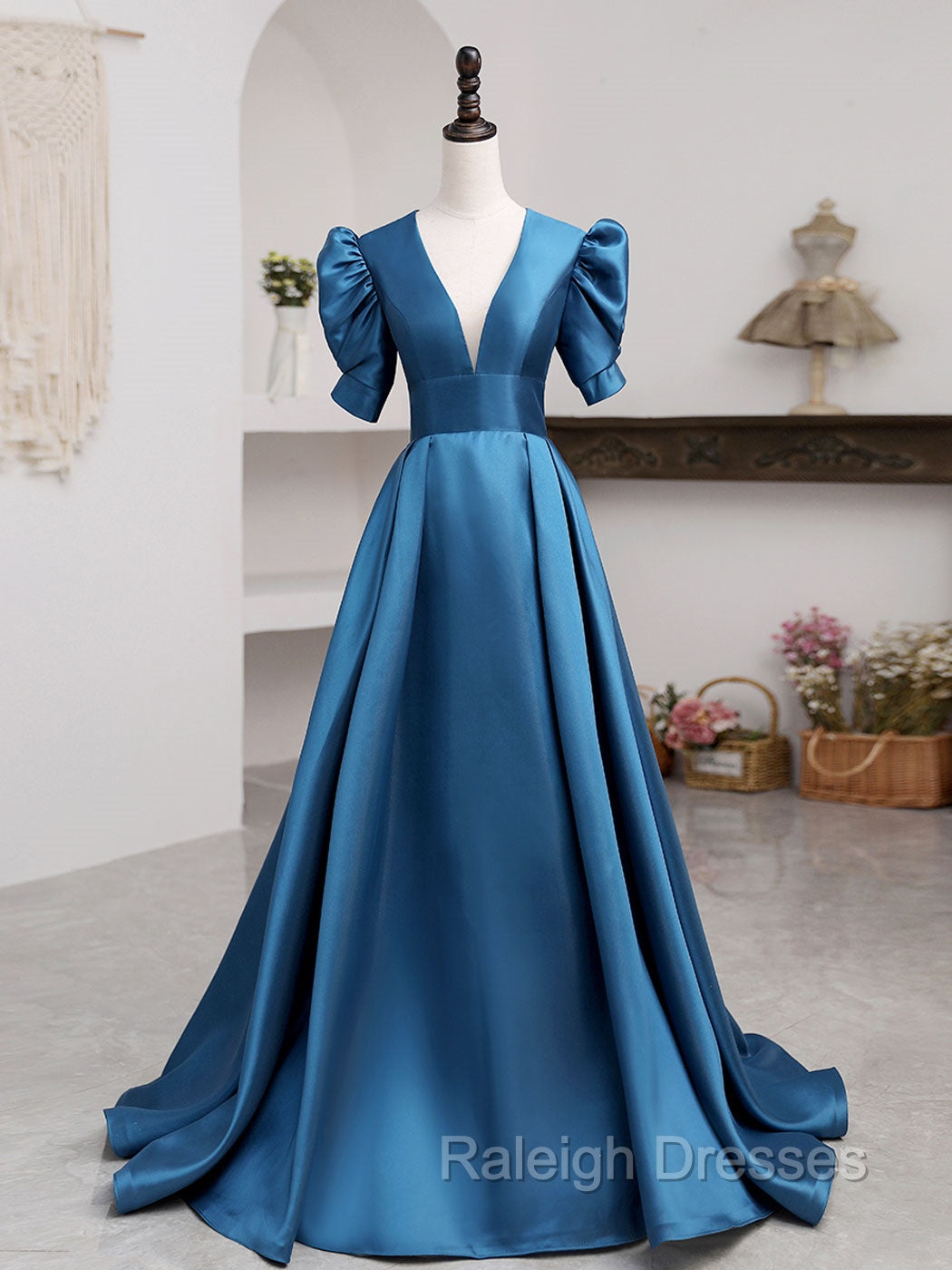 A-Line V Neck Satin Long Prom Dresses, Blue Satin Long Evening Dress Main image