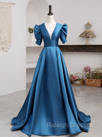 A-Line V Neck Satin Long Prom Dresses, Blue Satin Long Evening Dress