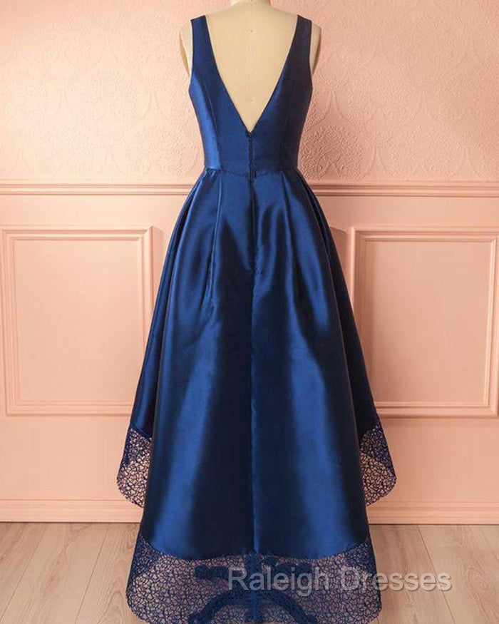 A Line V-Neck Satin Long Prom Dresses With Lace