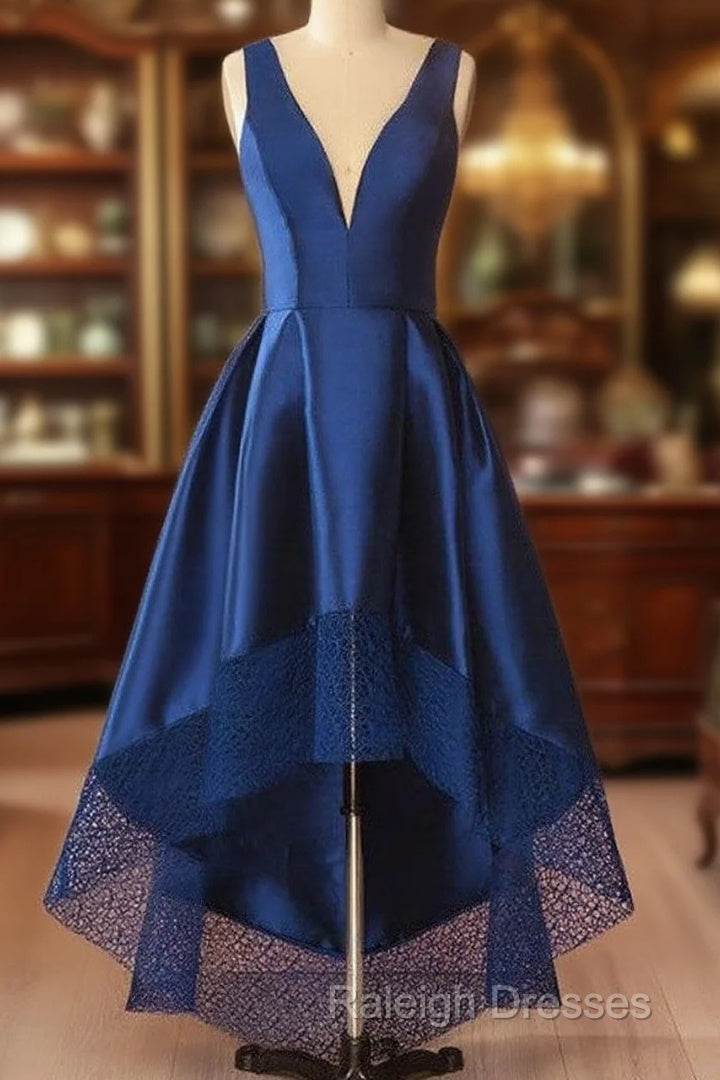 A-Line V-Neck Satin Prom Dress Long With Lace