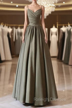 A-Line V Neck Satin Olive Green Long Prom Dress, Olive Green Long Formal Dress