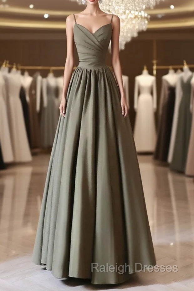 A-Line V Neck Satin Olive Green Long Prom Dress, Olive Green Long Formal Dress