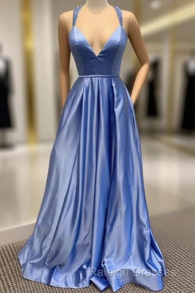 A-Line V Neck Satin Unique Long Prom Dresses Formal Gowns Main image