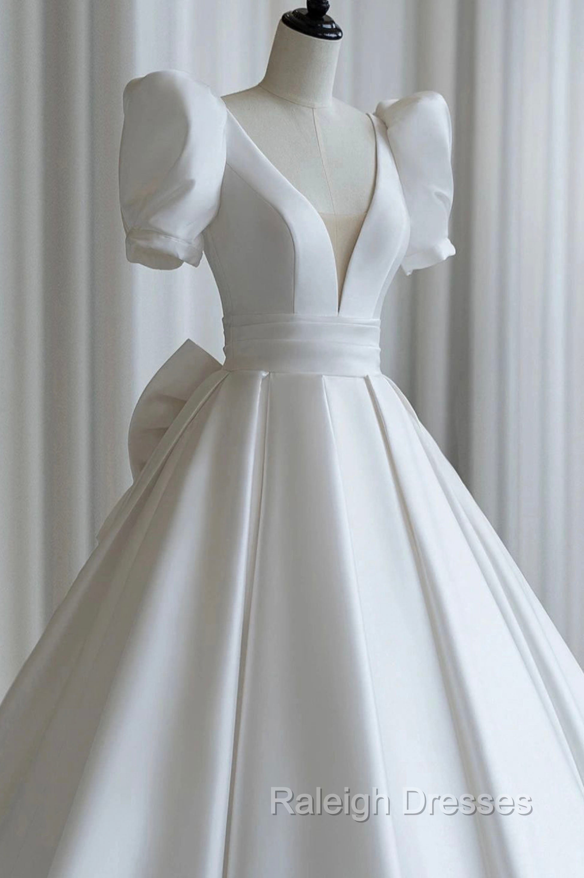 A-Line V-Neck Satin Wedding Dress, White Short Sleeve Bridal Gown with Bow Secondary image