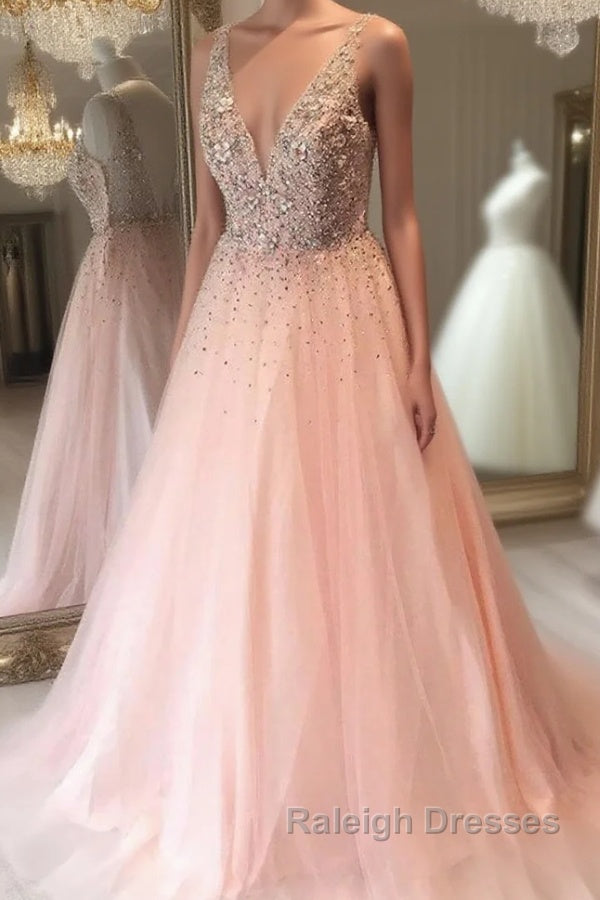 A Line V Neck Sequins Pink Long Prom Dress, Pink Formal Graduation Evening Dress Main image