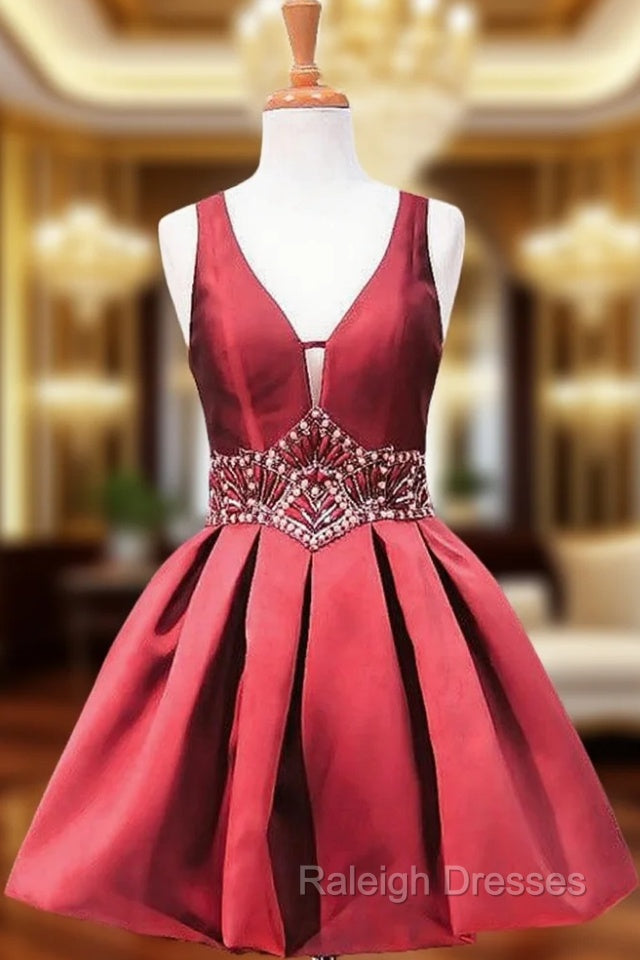 A-line V-neck Sheer Back Beaded Crystals Homecoming Dress Main image